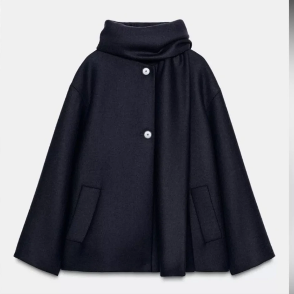 ZARA WOOL BLEND SHORT COAT WITH SCARF Navy Size XL